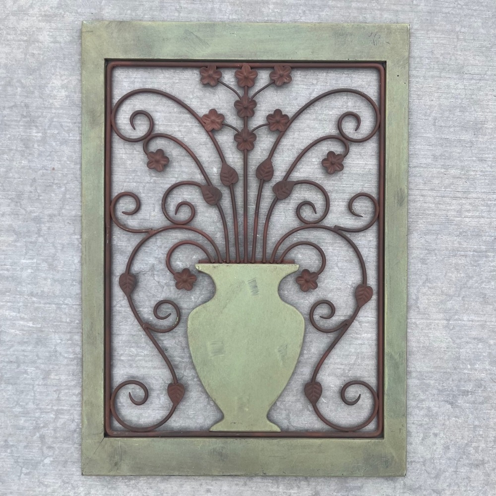 Sage Green Metal Floral Vase Wood Framed Wall Art Rustic Scrollwork Decor